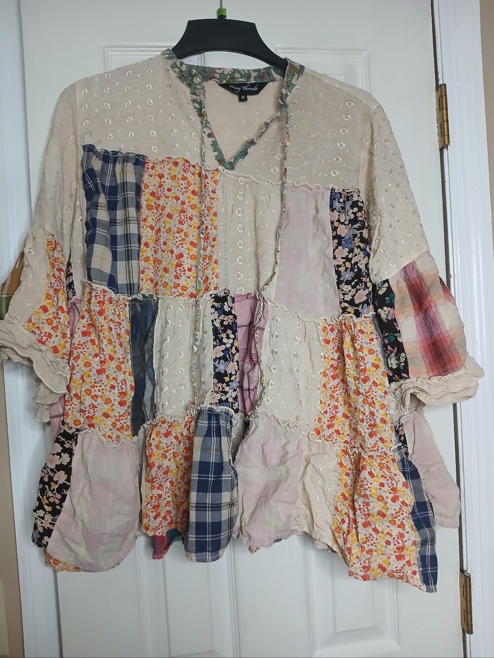 Young Threads  Patchwork Eyelet Peasant Tunic - Cream, Blue, Pink, Orange